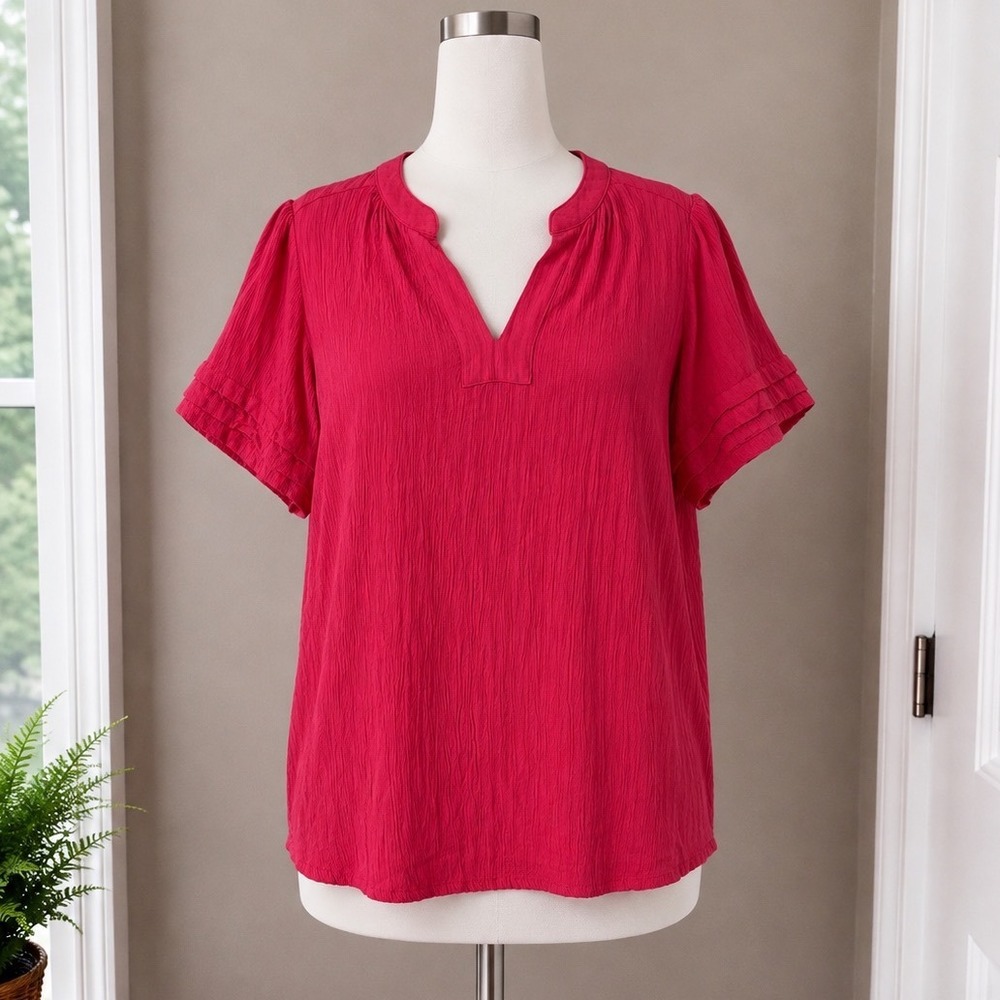 Well Worn Pink Crinkle Viscose Ruffle Sleeve V-Neck Blouse Top Large Cottagecore